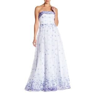 Adrianna Papell‎ Floral Organza Strapless Gown Dress White Purple Size 6
